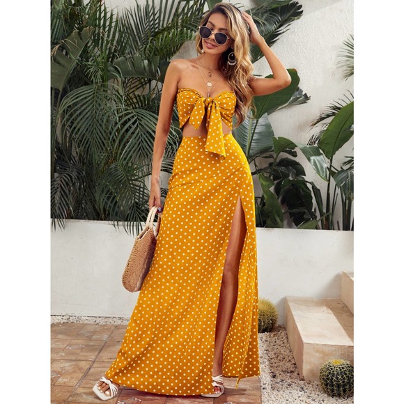 Dresses & Skirts - 2 piece set: Polka Dot Tied Crop Tube Top & Split Thigh maxi Skirt Set yellow